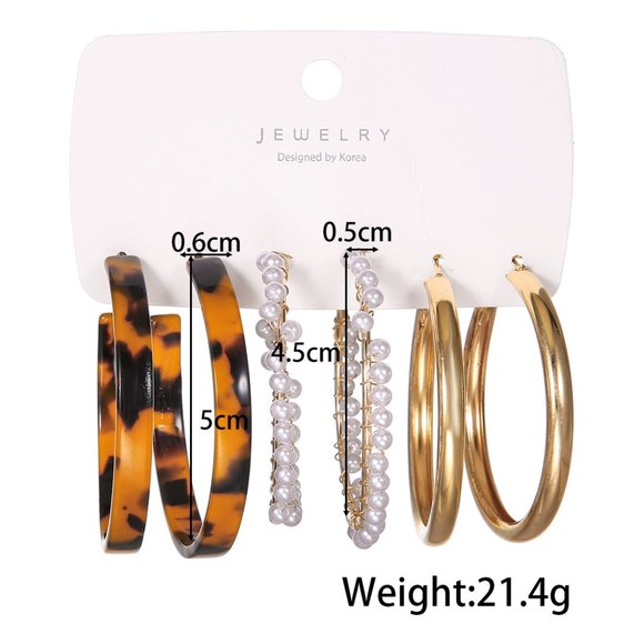 3/$35 3 Pairs Pack Large Big Hoop Earrings Set Gold Pearls Chunky Jewelrly - Picture 4 of 7